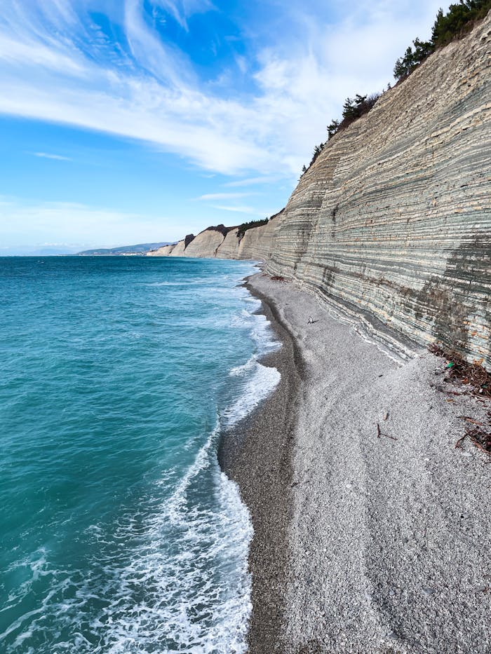 who-we-are Breathtaking view of layered cliffs and turquoise waves under a vibrant blue sky.